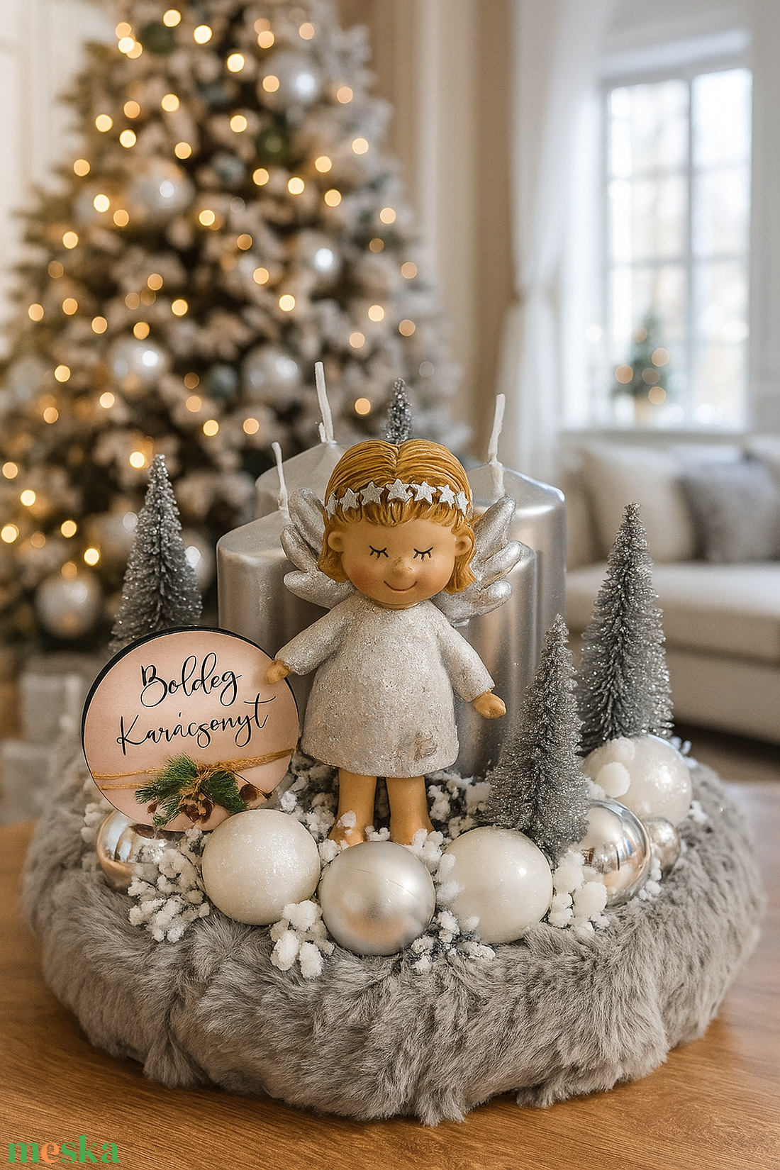 Ezüst angyalkás adventi koszorú  - karácsony - adventi díszek - adventi koszorú - Meska.hu