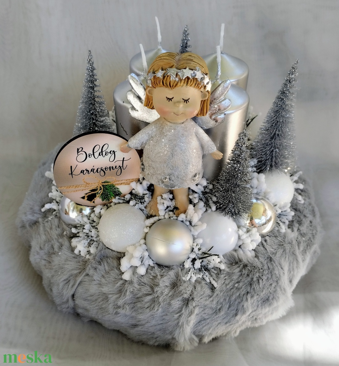 Ezüst angyalkás adventi koszorú  - karácsony - adventi díszek - adventi koszorú - Meska.hu