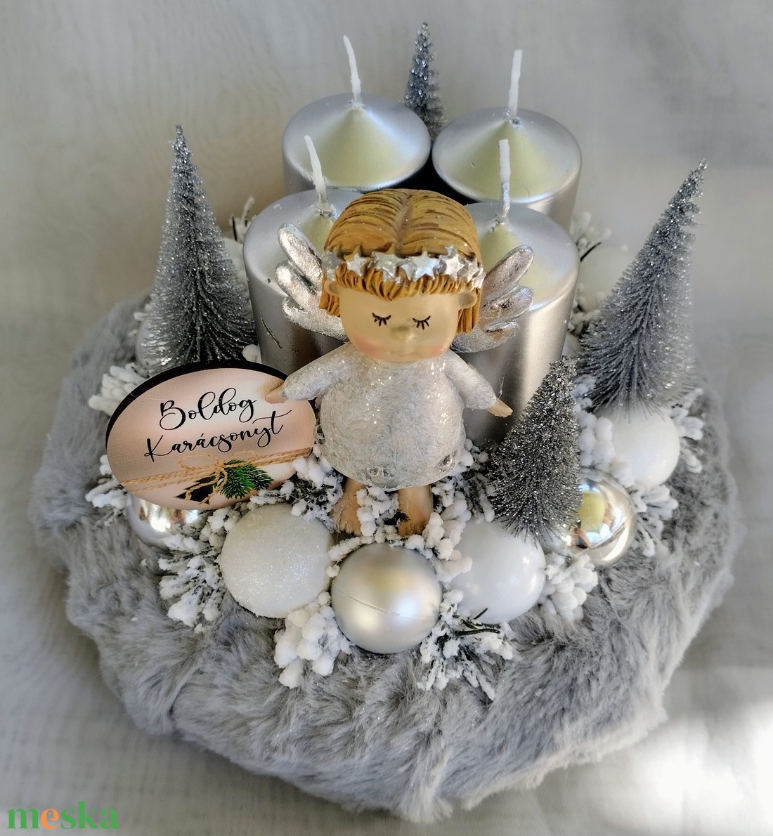 Ezüst angyalkás adventi koszorú  - karácsony - adventi díszek - adventi koszorú - Meska.hu