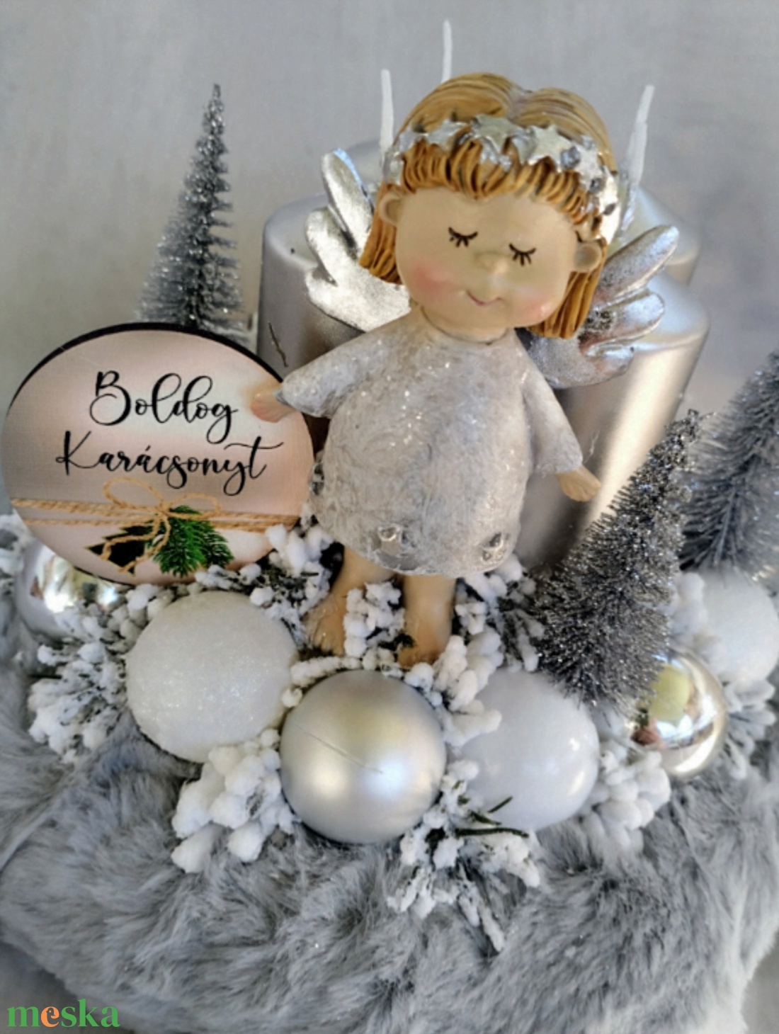 Ezüst angyalkás adventi koszorú  - karácsony - adventi díszek - adventi koszorú - Meska.hu