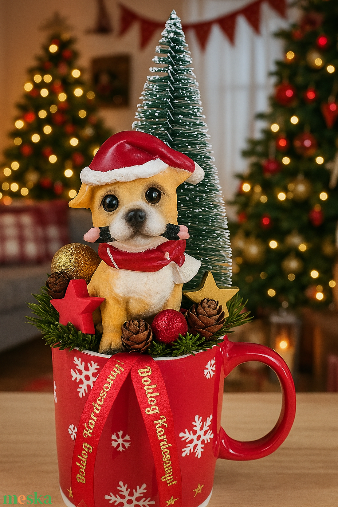 Karácsonyi kutyusos bögrés dísz  - karácsony - adventi díszek - adventi asztaldísz - Meska.hu