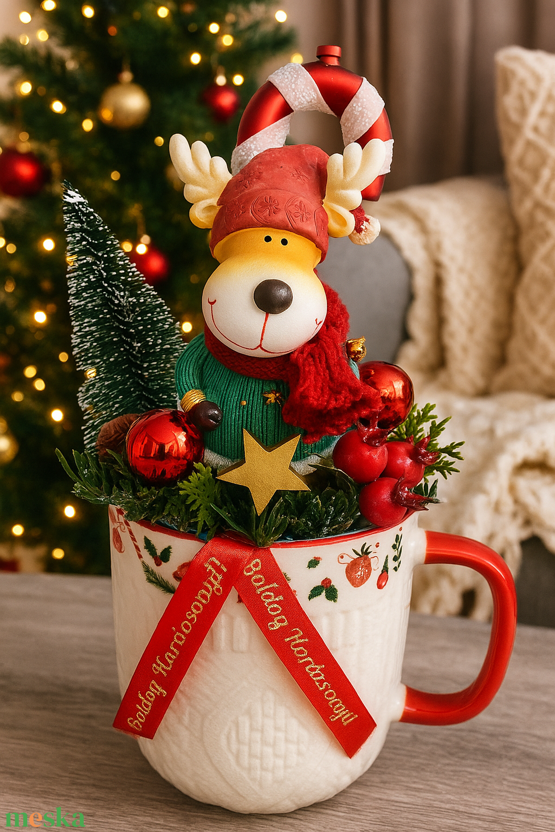 Rénszarvasos karácsonyi bögrés dísz  - karácsony - adventi díszek - adventi asztaldísz - Meska.hu