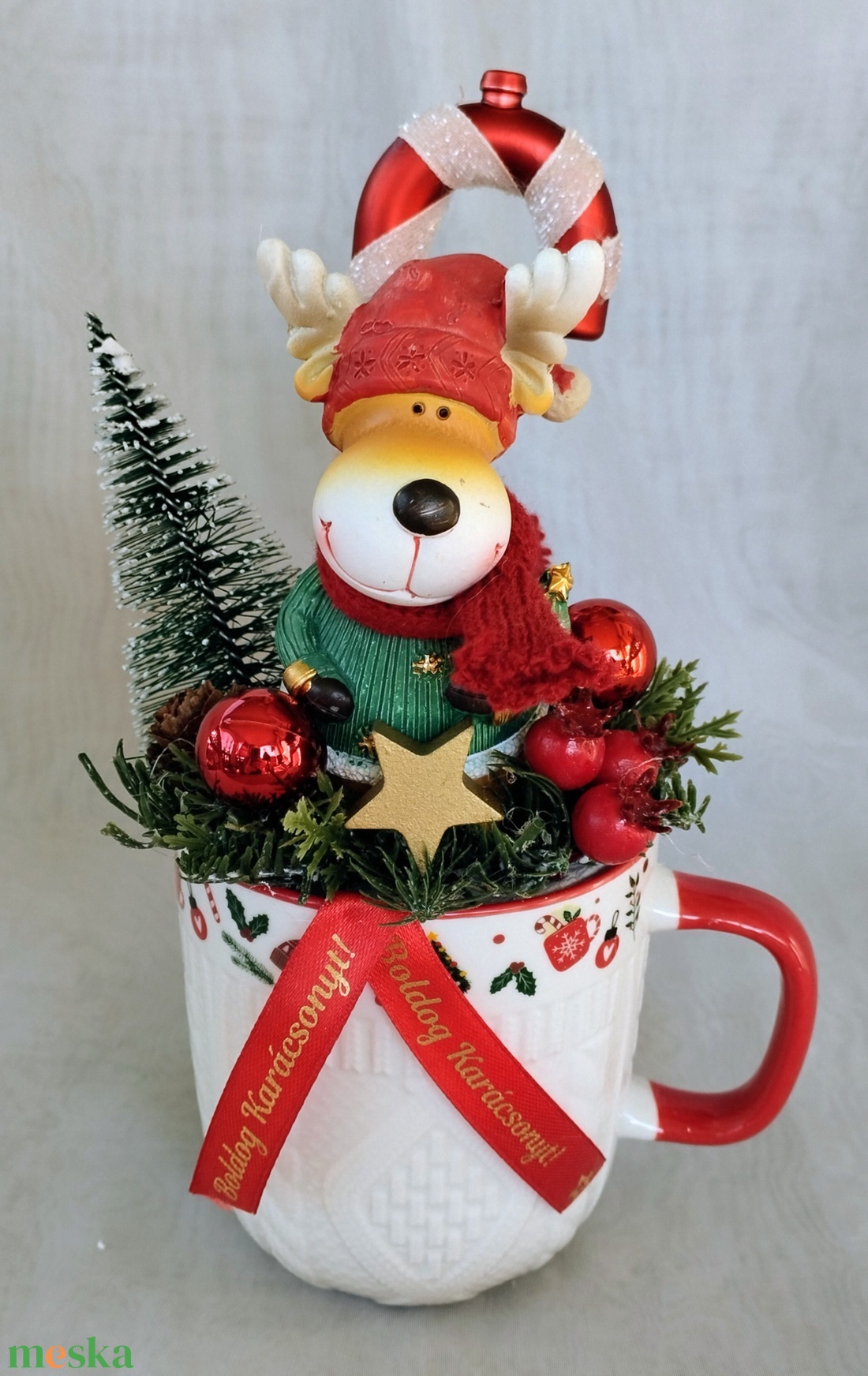 Rénszarvasos karácsonyi bögrés dísz  - karácsony - adventi díszek - adventi asztaldísz - Meska.hu