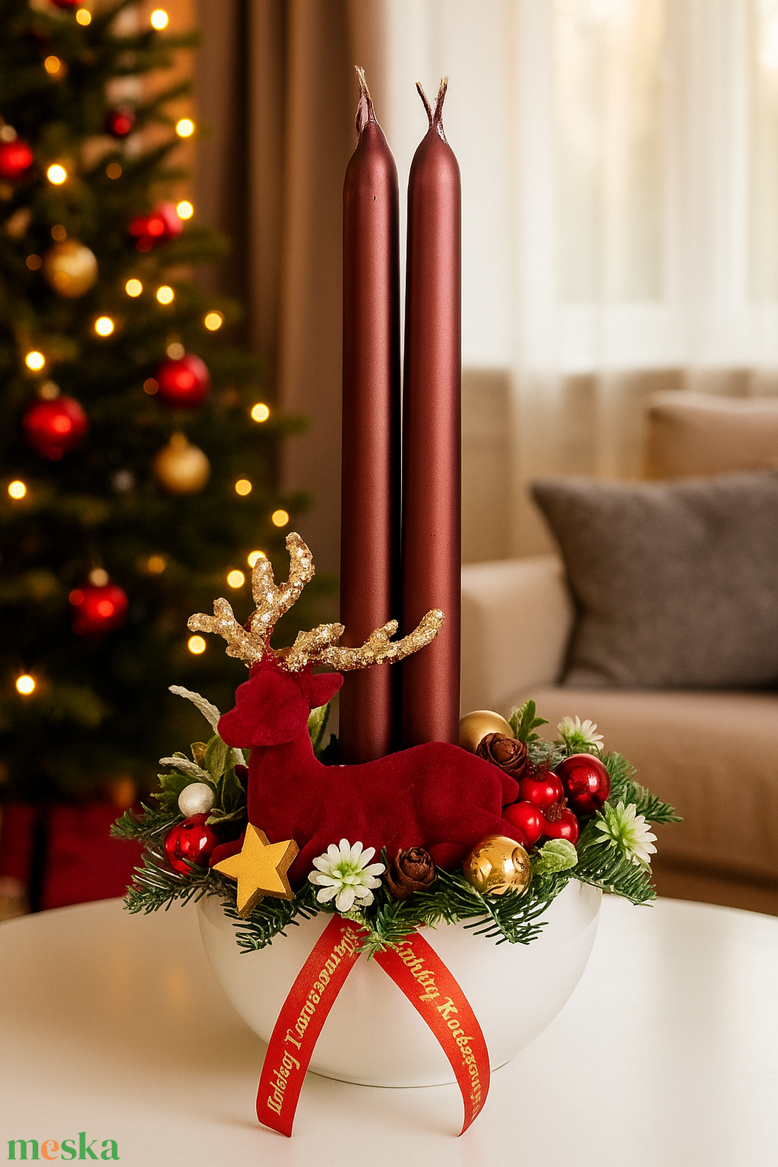 Adventi asztaldísz bordó szarvassal - karácsony - adventi díszek - adventi asztaldísz - Meska.hu
