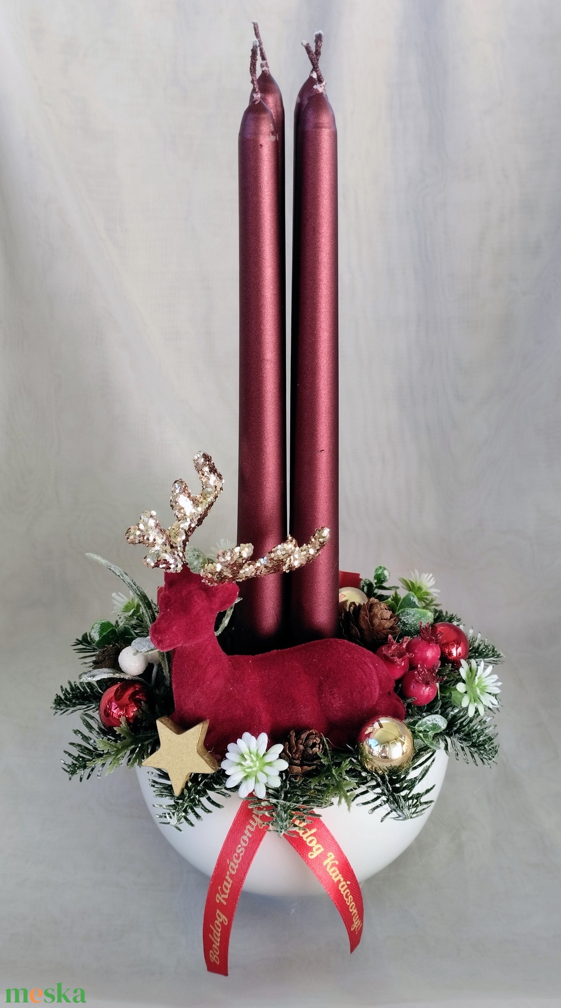 Adventi asztaldísz bordó szarvassal - karácsony - adventi díszek - adventi asztaldísz - Meska.hu