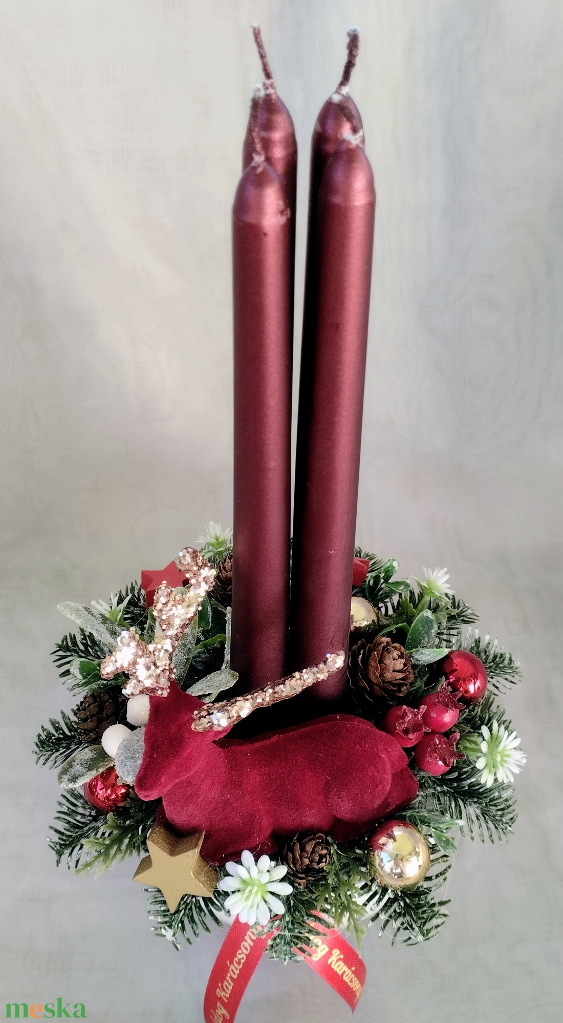 Adventi asztaldísz bordó szarvassal - karácsony - adventi díszek - adventi asztaldísz - Meska.hu