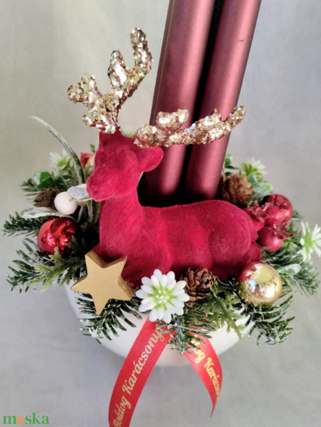 Adventi asztaldísz bordó szarvassal - karácsony - adventi díszek - adventi asztaldísz - Meska.hu