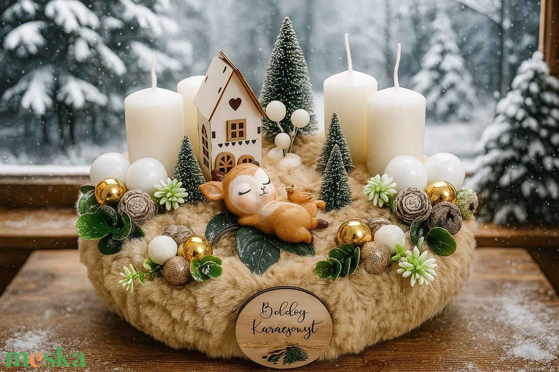 Bézs szőrmés adventi koszorú pihenő cuki őzikével - karácsony - adventi díszek - adventi koszorú - Meska.hu