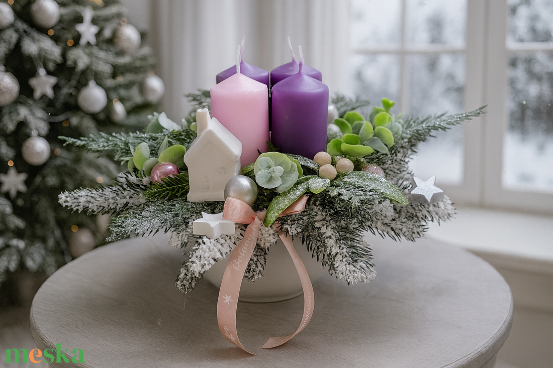 Ezüst-rózsaszín adventi aztaldísz kerámia templommal - karácsony - adventi díszek - adventi asztaldísz - Meska.hu