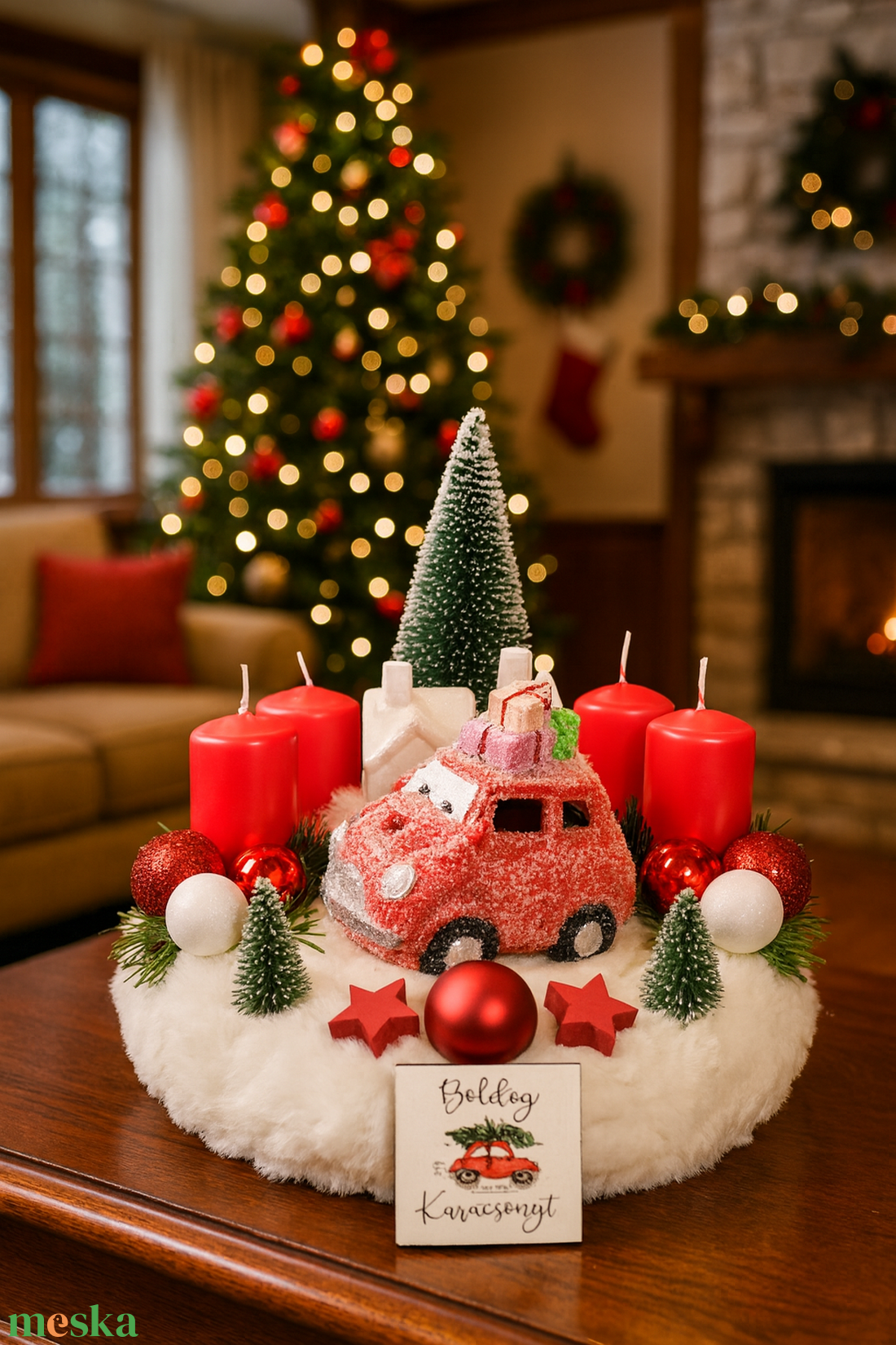 Karácsonyi adventi koszorú piros kis autóval - karácsony - adventi díszek - adventi koszorú - Meska.hu