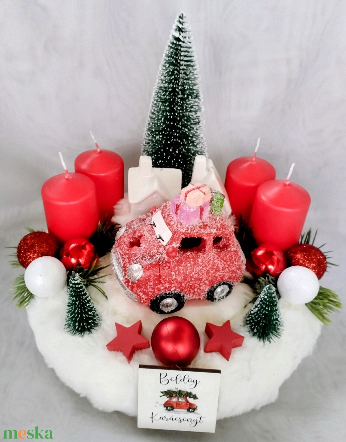 Karácsonyi adventi koszorú piros kis autóval - karácsony - adventi díszek - adventi koszorú - Meska.hu