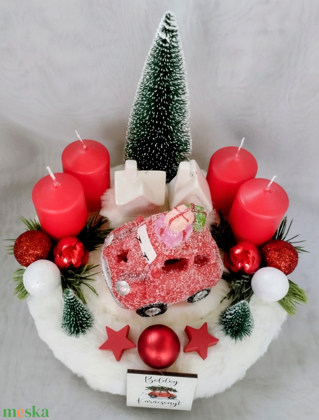Karácsonyi adventi koszorú piros kis autóval - karácsony - adventi díszek - adventi koszorú - Meska.hu