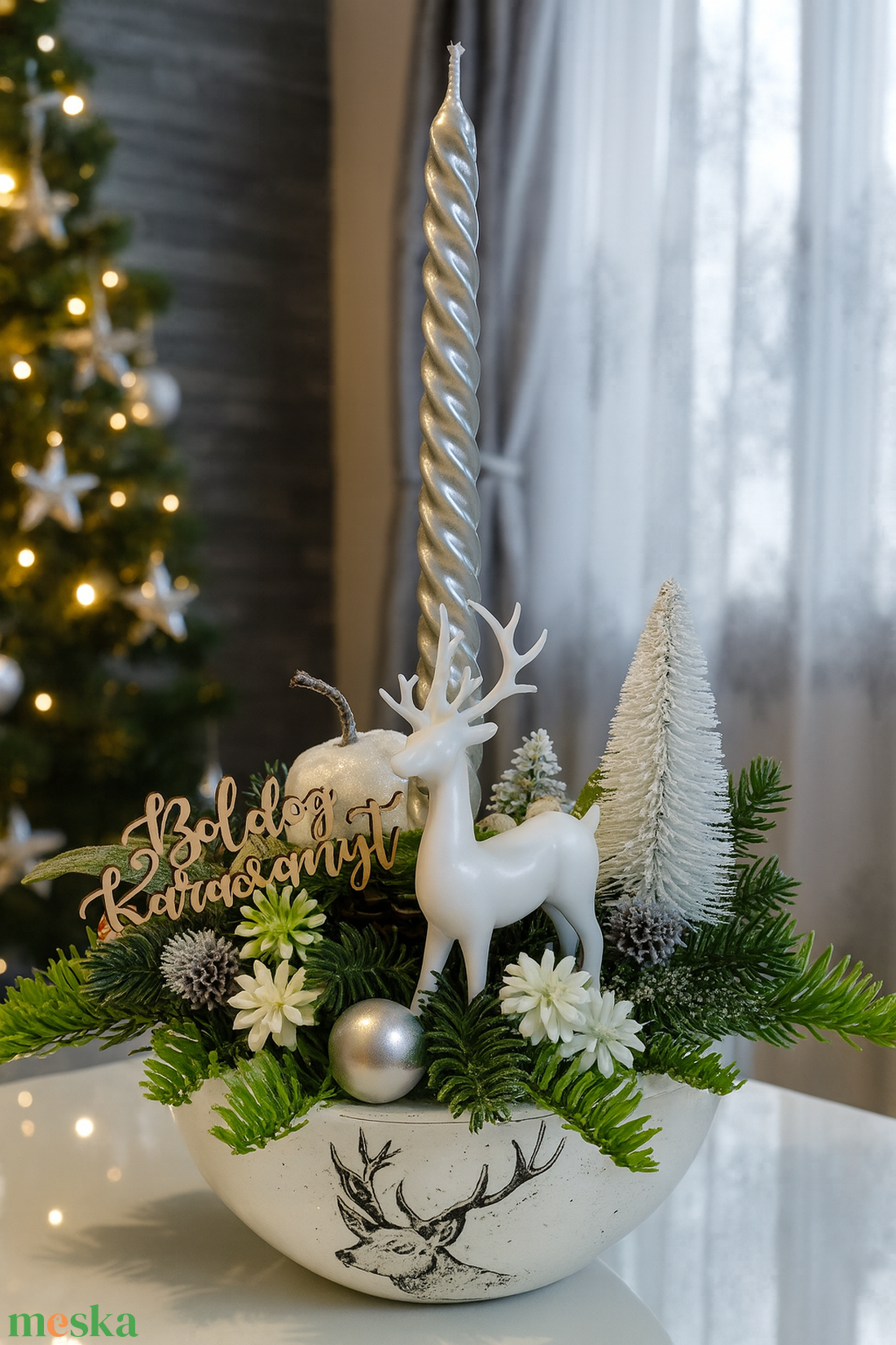 Ezüstös karácsonyi asztaldísz szarvassal - karácsony - adventi díszek - adventi asztaldísz - Meska.hu