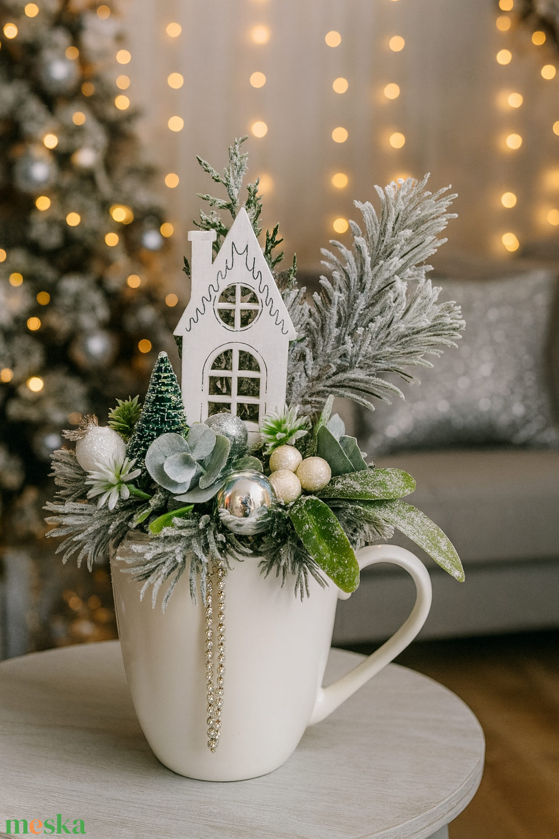 Ezüstös téli mese-bögrés dísz - karácsony - adventi díszek - adventi asztaldísz - Meska.hu