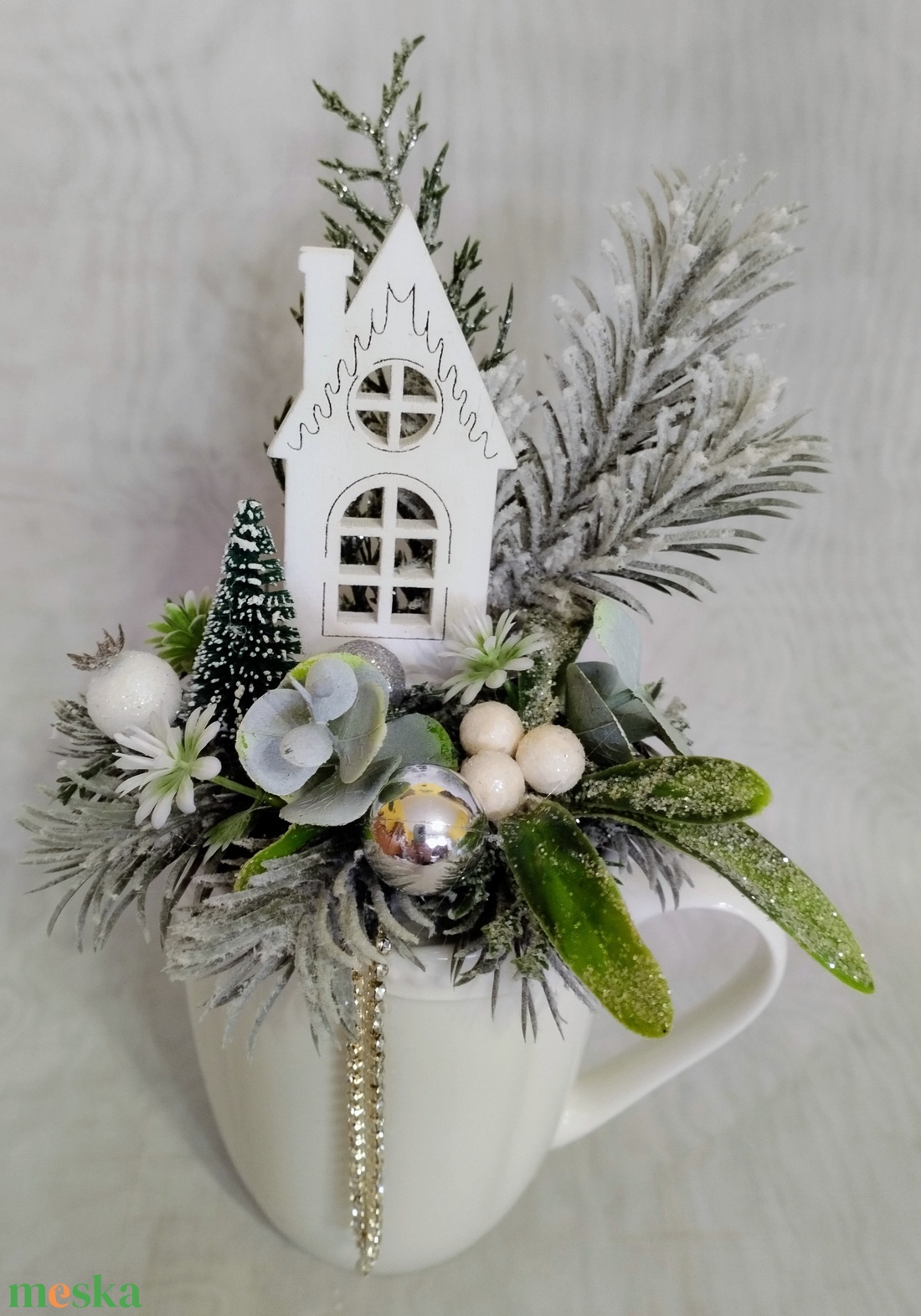 Ezüstös téli mese-bögrés dísz - karácsony - adventi díszek - adventi asztaldísz - Meska.hu