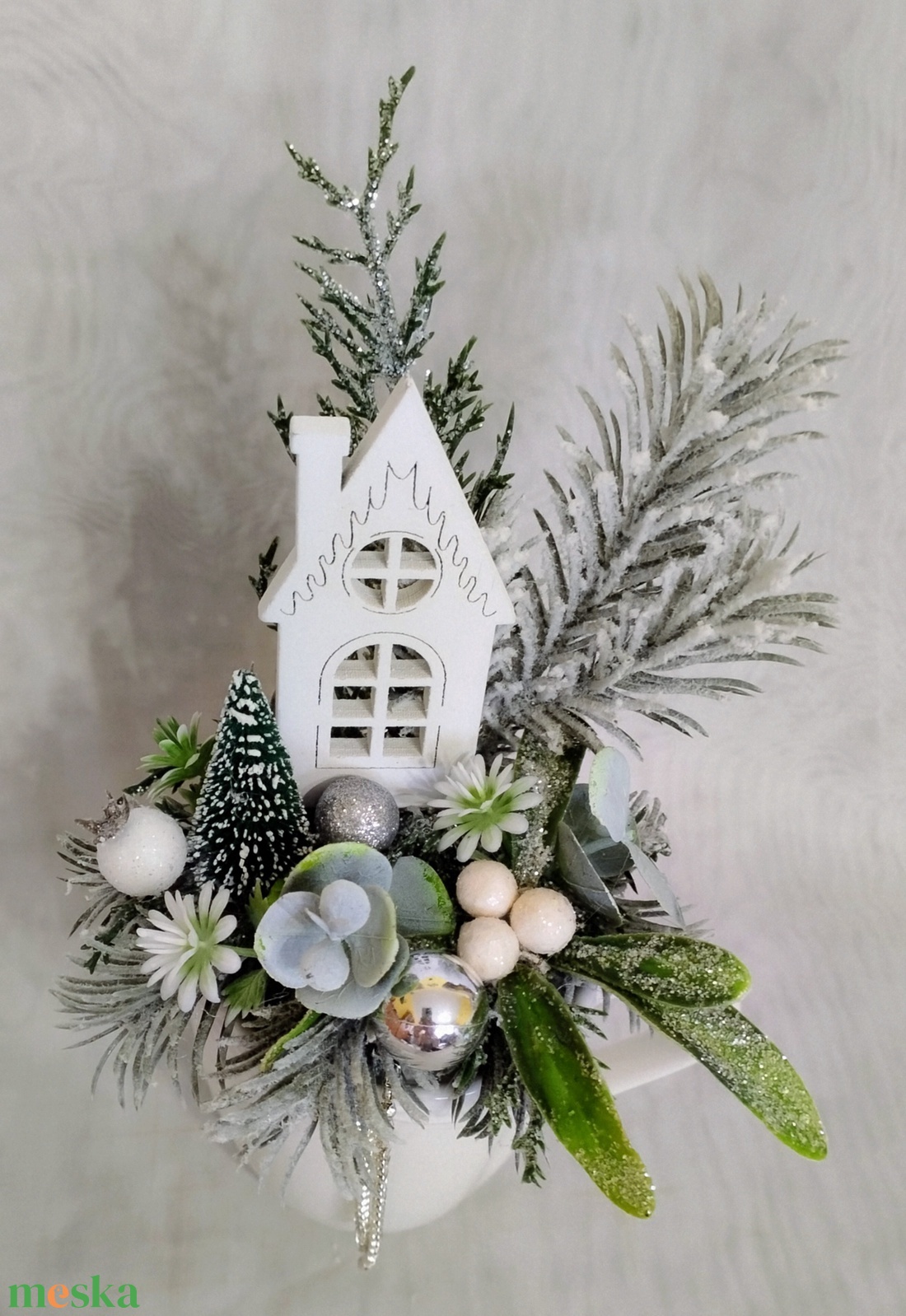 Ezüstös téli mese-bögrés dísz - karácsony - adventi díszek - adventi asztaldísz - Meska.hu