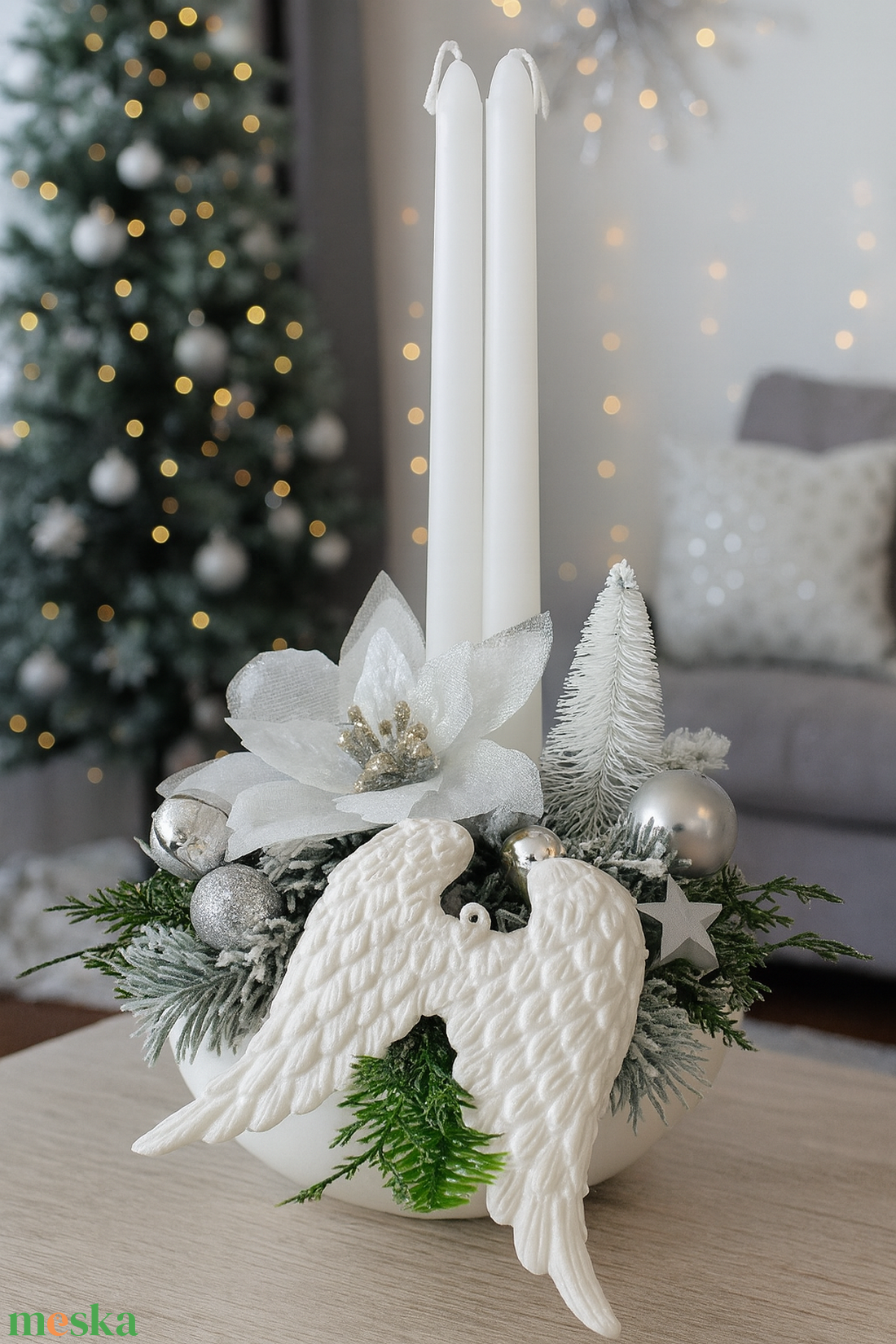 Elegáns ezüstös angyalszárnyas gyertyás asztaldísz - karácsony - adventi díszek - adventi asztaldísz - Meska.hu