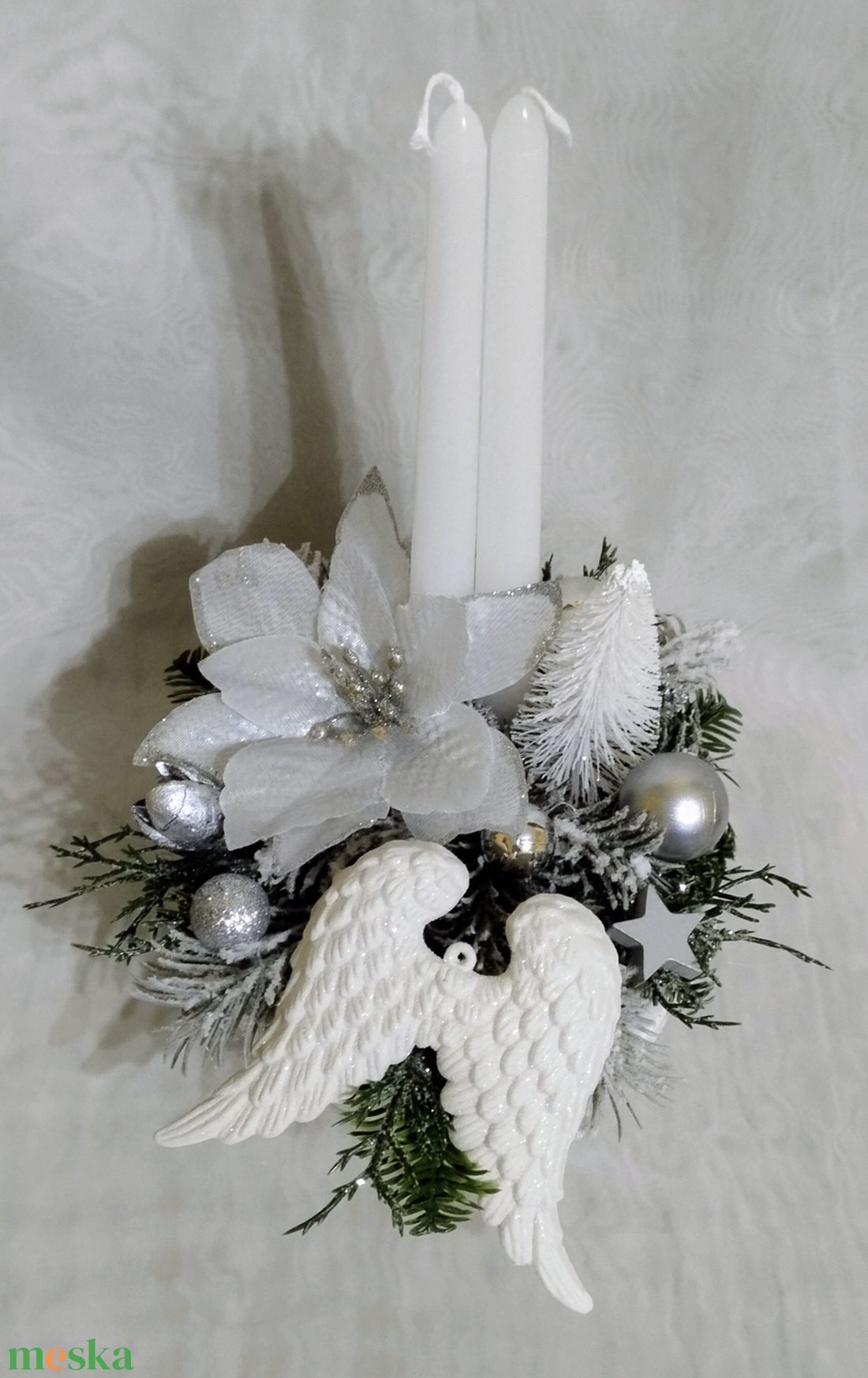 Elegáns ezüstös angyalszárnyas gyertyás asztaldísz - karácsony - adventi díszek - adventi asztaldísz - Meska.hu