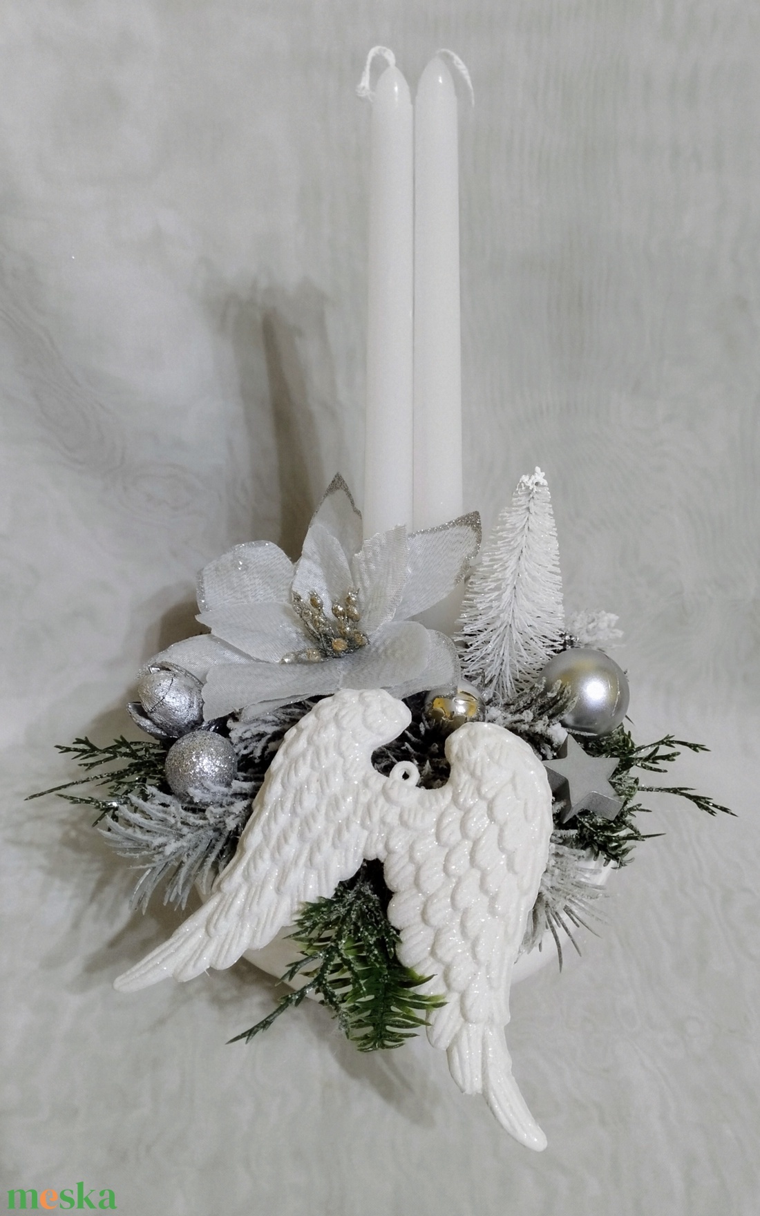 Elegáns ezüstös angyalszárnyas gyertyás asztaldísz - karácsony - adventi díszek - adventi asztaldísz - Meska.hu