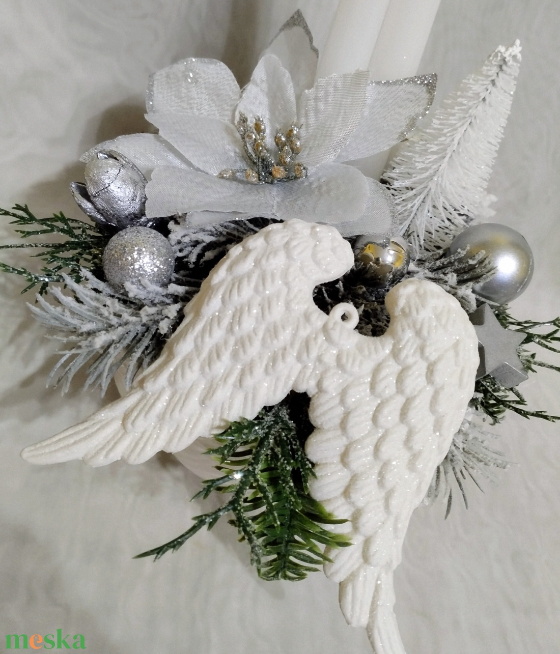 Elegáns ezüstös angyalszárnyas gyertyás asztaldísz - karácsony - adventi díszek - adventi asztaldísz - Meska.hu