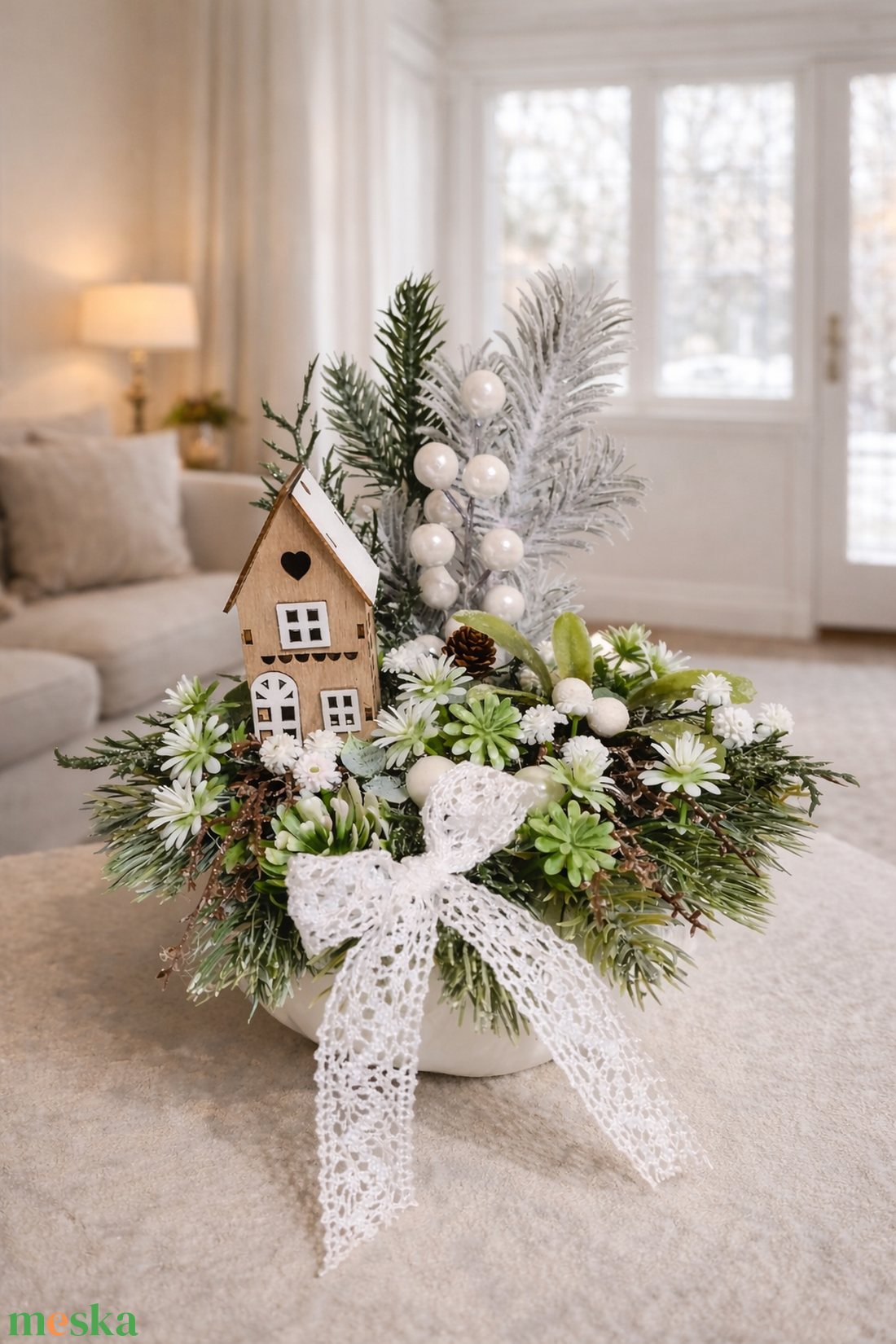 Téli asztaldísz kis házikóval - otthon & életmód - dekoráció - asztal és polc dekoráció - asztaldísz - Meska.hu