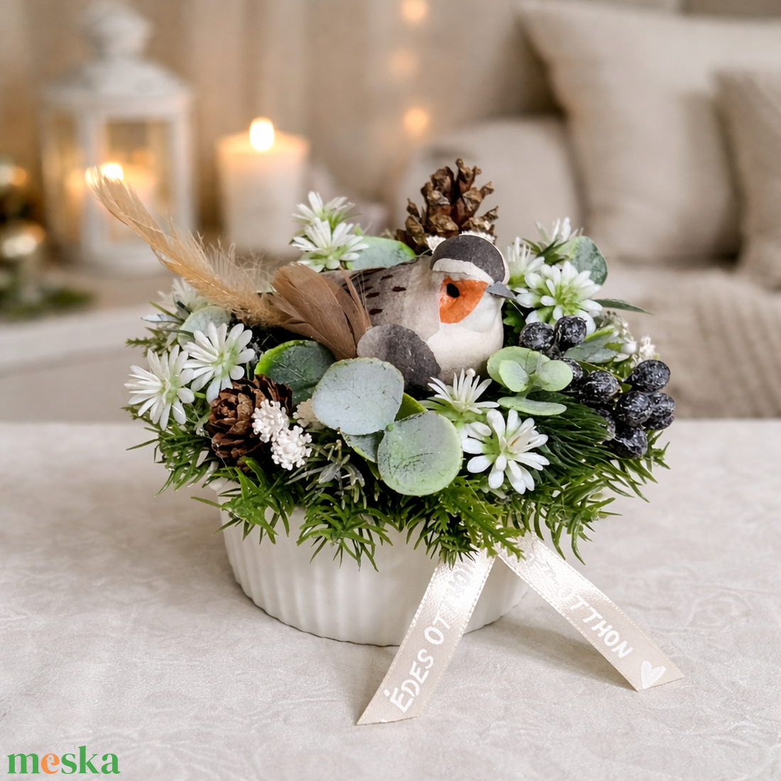 Téli tavaszváró asztaldísz kis madárkával - otthon & életmód - dekoráció - asztal és polc dekoráció - asztaldísz - Meska.hu