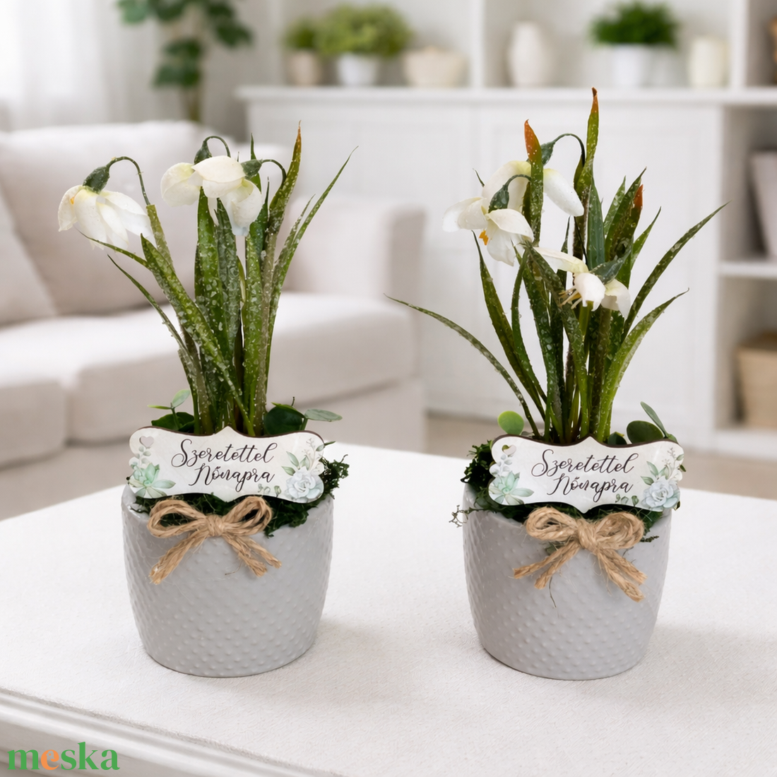 Élethű hóvirág szürke kaspóban - otthon & életmód - dekoráció - asztal és polc dekoráció - asztaldísz - Meska.hu