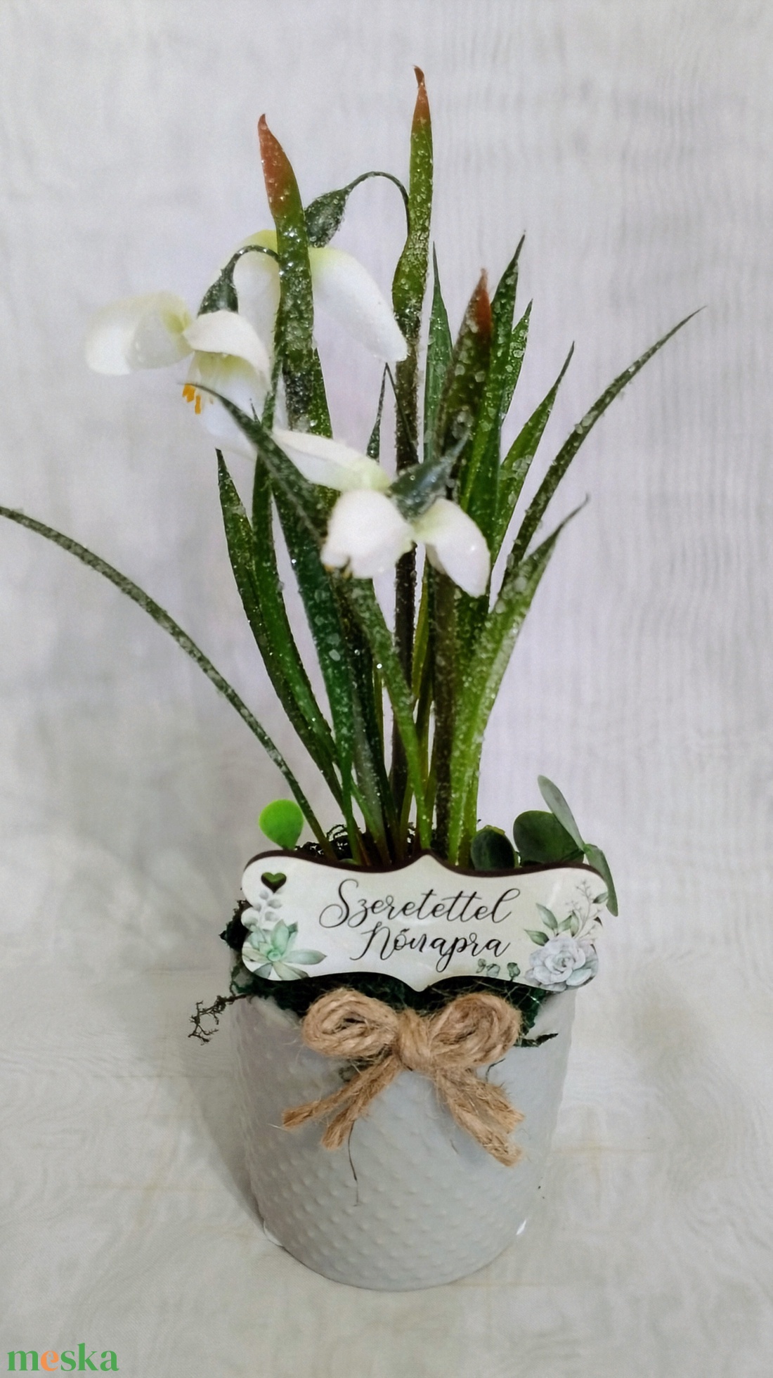 Élethű hóvirág szürke kaspóban - otthon & életmód - dekoráció - asztal és polc dekoráció - asztaldísz - Meska.hu