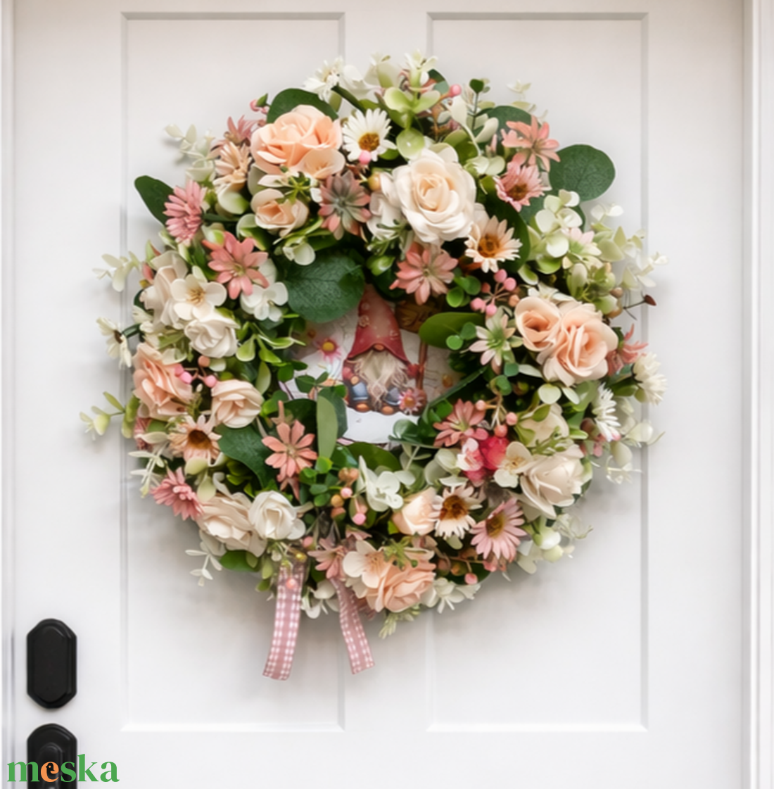 Csupa virágos tavaszi ajtódísz manós táblával - otthon & életmód - dekoráció - ajtó- és ablak dekoráció - ajtódísz & kopogtató - Meska.hu