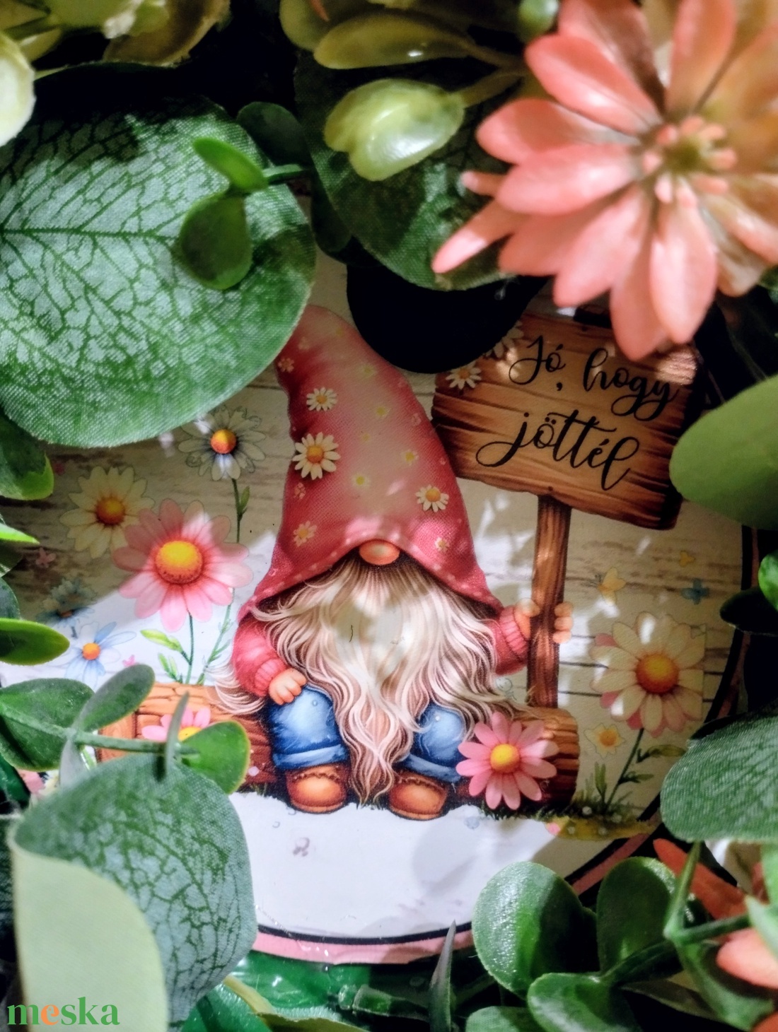 Csupa virágos tavaszi ajtódísz manós táblával - otthon & életmód - dekoráció - ajtó- és ablak dekoráció - ajtódísz & kopogtató - Meska.hu