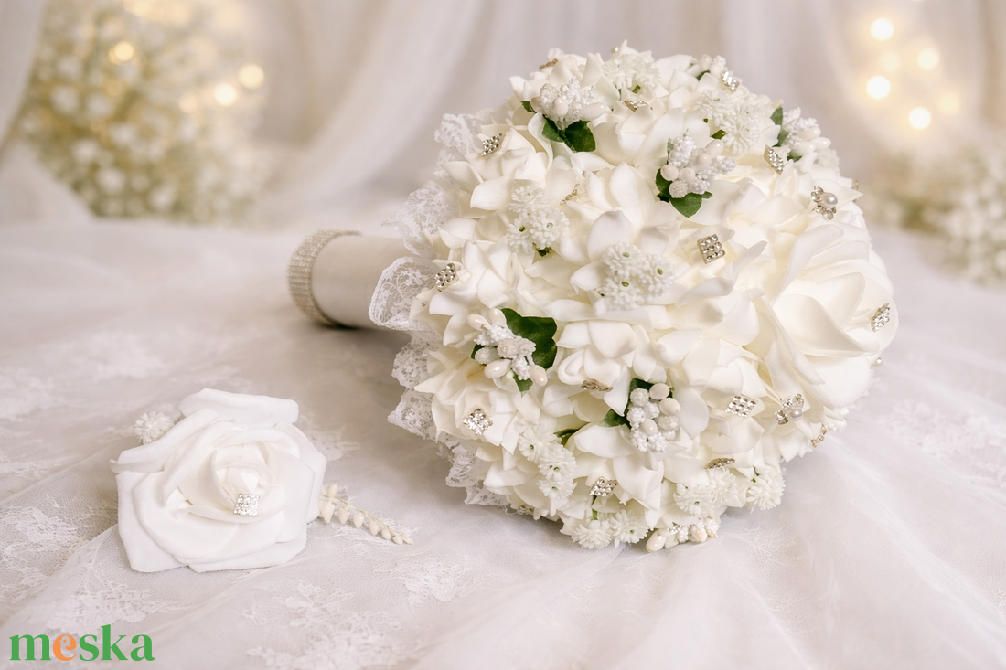 Hófehér ezüstös menyasszonyi csokor vagy dobócsokor  - esküvő - menyasszonyi- és dobócsokor - Meska.hu