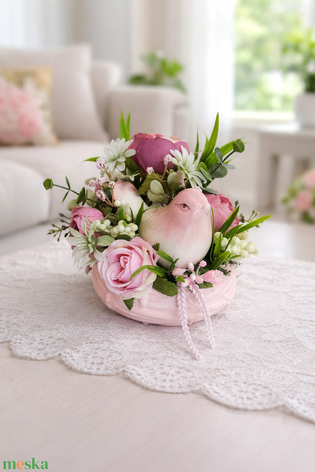 Tavaszi asztaldísz kerámia madárkával - otthon & életmód - dekoráció - asztal és polc dekoráció - asztaldísz - Meska.hu