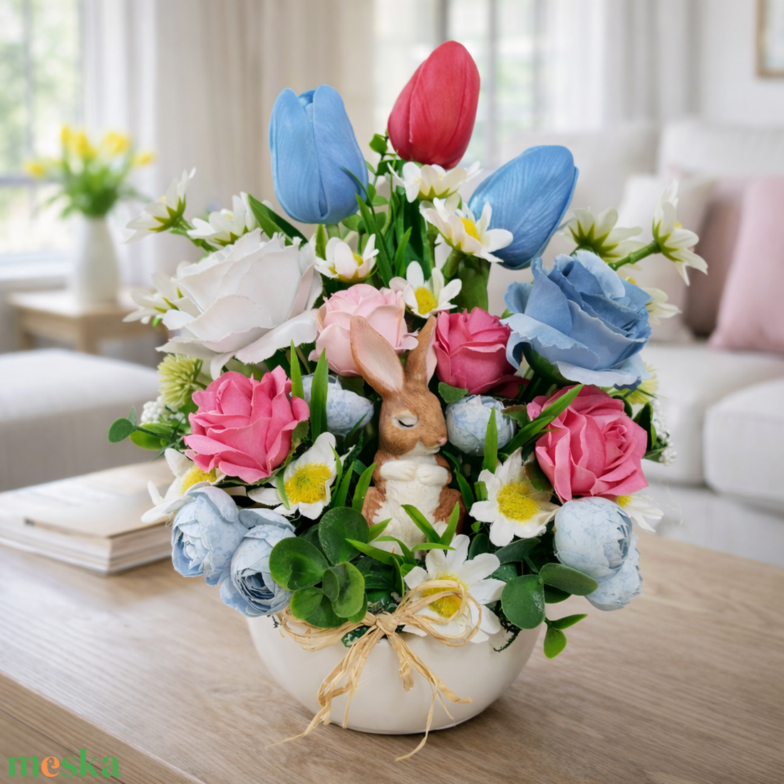 Nyuszis tavaszi asztaldísz kék tulipánokkal - otthon & életmód - dekoráció - húsvéti asztaldíszek - Meska.hu