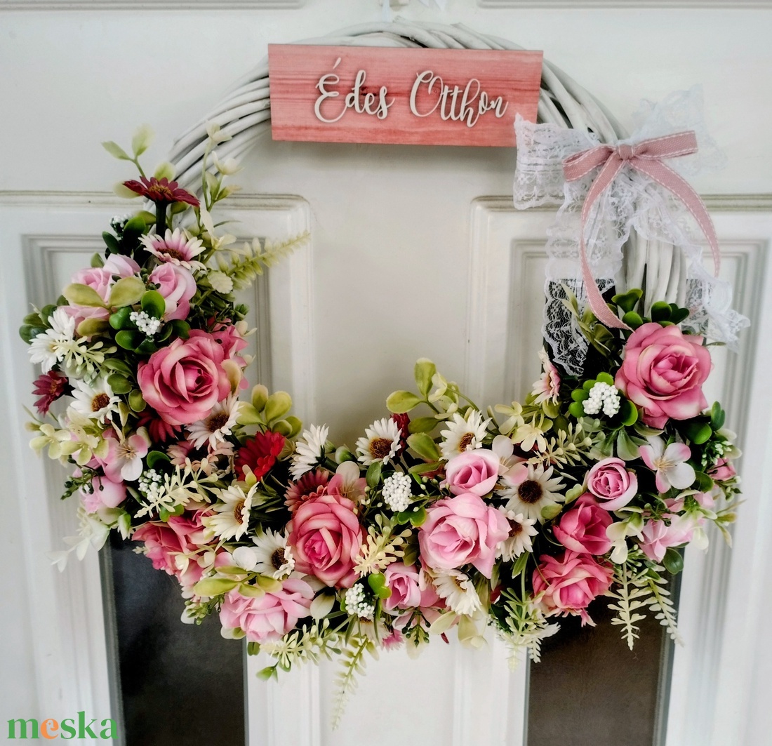 Rózsaszín virágos ajtódísz - otthon & életmód - dekoráció - ajtó- és ablak dekoráció - ajtódísz & kopogtató - Meska.hu