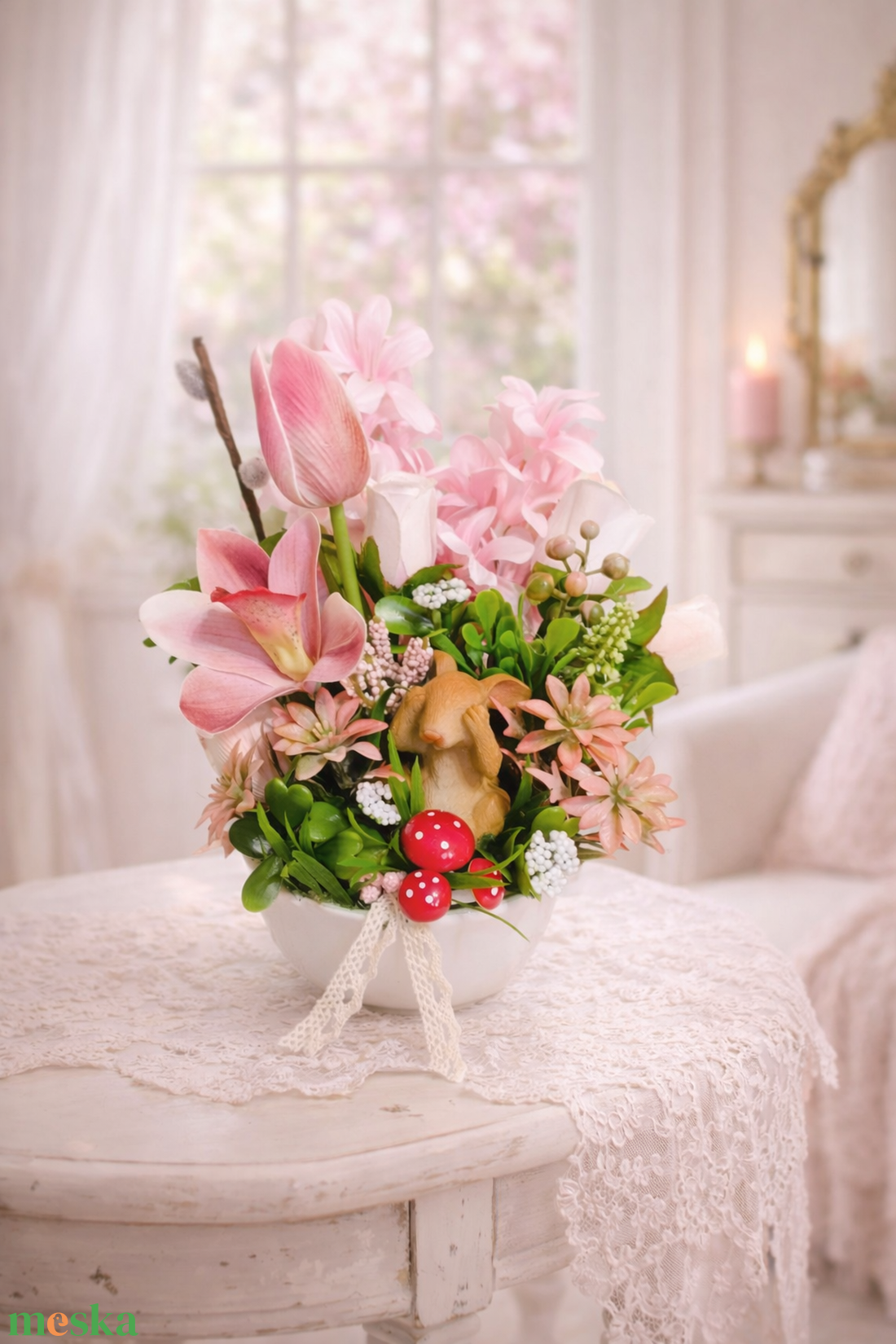 Álmodozó nyuszis tavaszi asztaldísz  - ünnepi díszek, dekorációk - húsvéti díszek és dekorációk - húsvéti asztaldíszek - Meska.hu