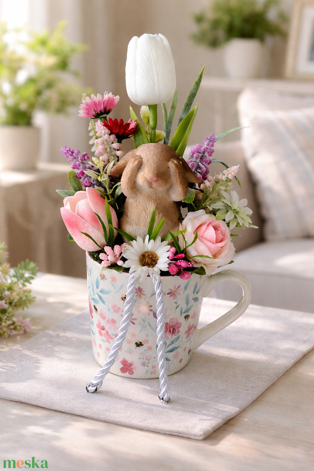 Nyuszis tavaszi asztaldísz bögrében - ünnepi díszek, dekorációk - húsvéti díszek és dekorációk - húsvéti asztaldíszek - Meska.hu
