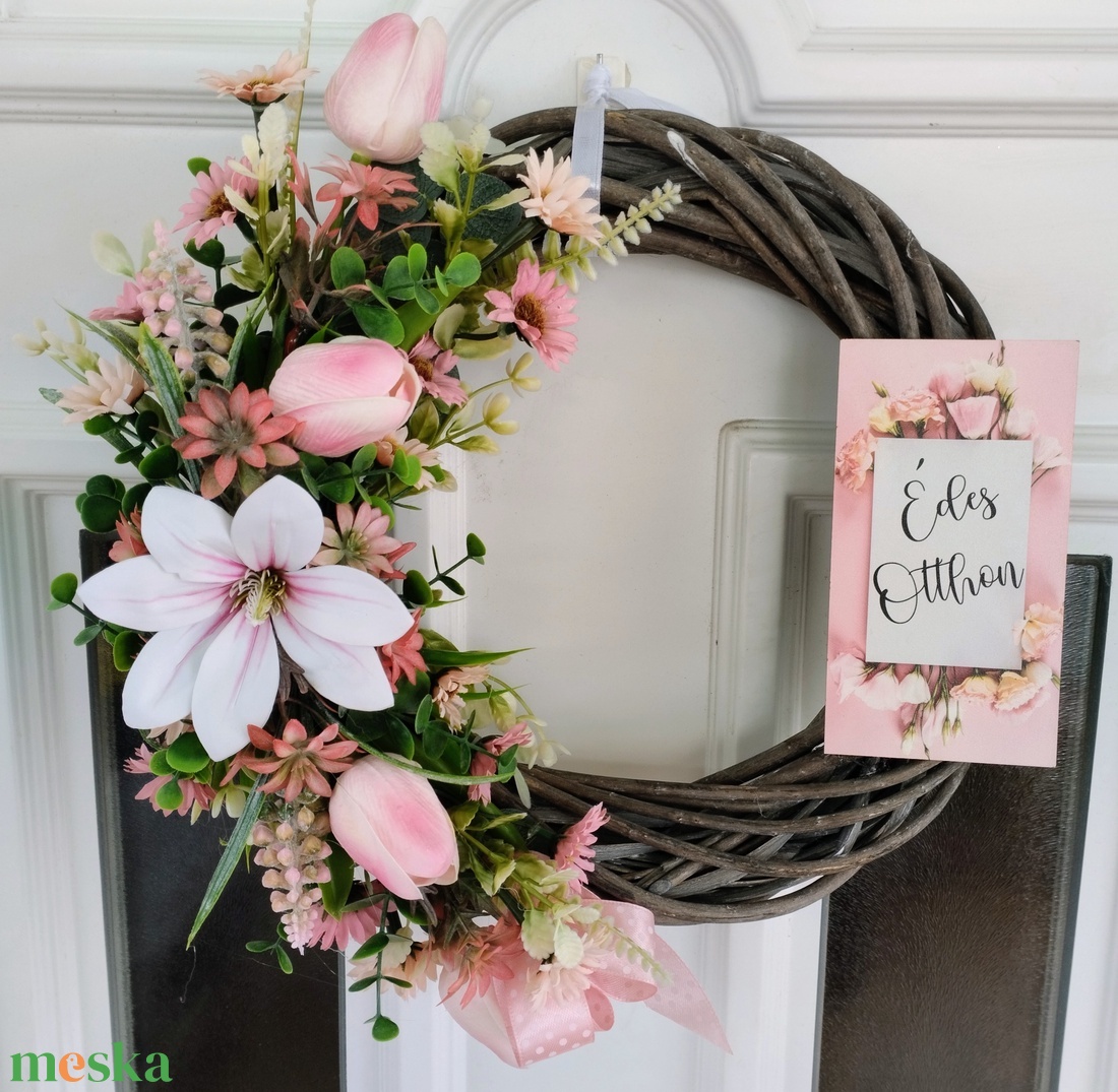 Szürke vessző pasztell virágos tavaszi ajtódísz  - otthon & életmód - dekoráció - ajtó- és ablak dekoráció - ajtódísz & kopogtató - Meska.hu