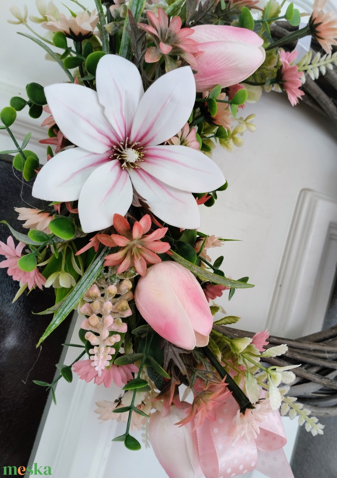 Szürke vessző pasztell virágos tavaszi ajtódísz  - otthon & életmód - dekoráció - ajtó- és ablak dekoráció - ajtódísz & kopogtató - Meska.hu