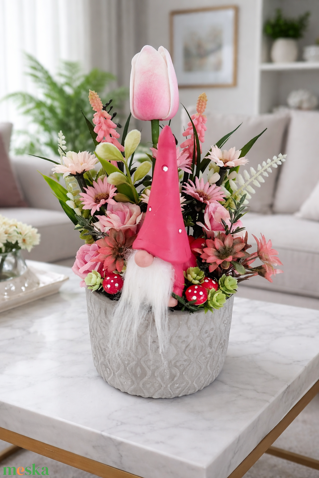 Rózsaszín manós tavaszi asztaldísz  - otthon & életmód - dekoráció - asztal és polc dekoráció - asztaldísz - Meska.hu