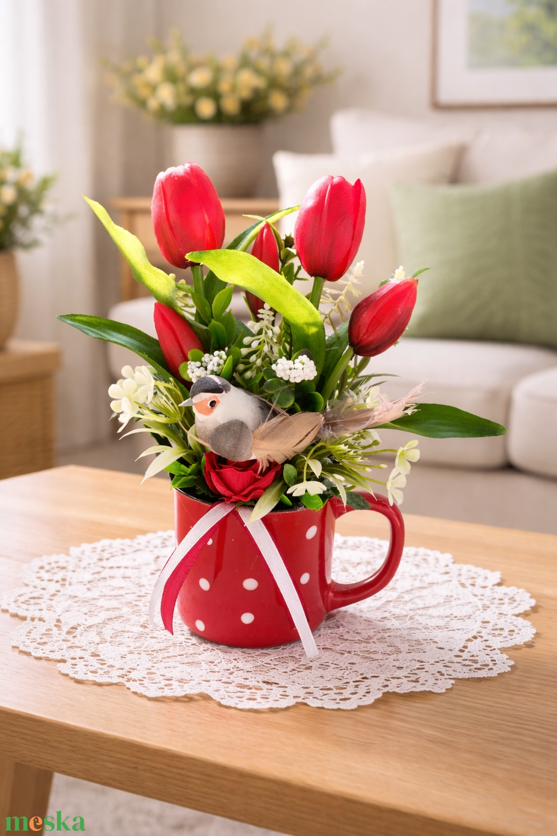 Piros pöttyös bögrés tavaszi dísz - otthon & életmód - dekoráció - asztal és polc dekoráció - asztaldísz - Meska.hu