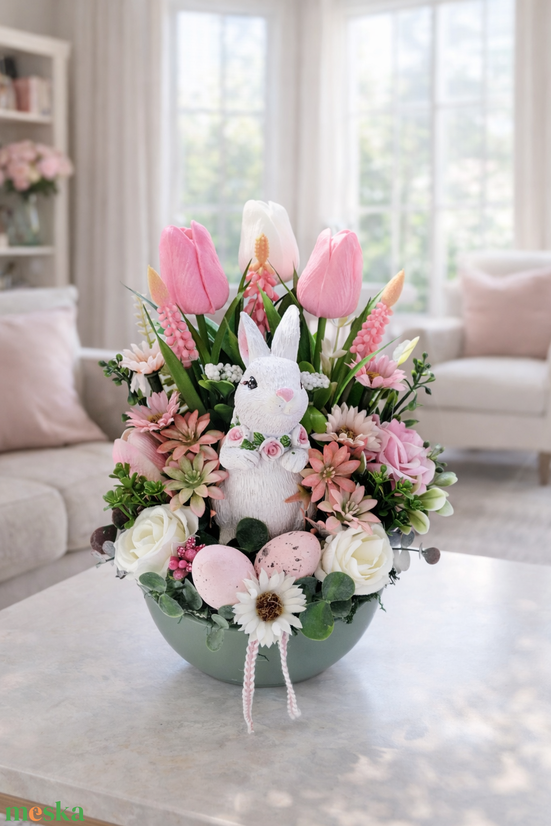 Fehér nyuszis tavaszi asztaldísz  - ünnepi díszek, dekorációk - húsvéti díszek és dekorációk - húsvéti asztaldíszek - Meska.hu