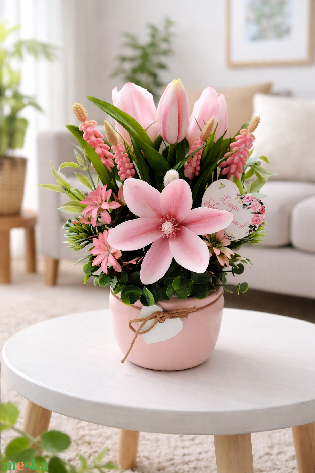 Rózsaszín virágos rózsaszín kaspós asztaldísz  - otthon & életmód - dekoráció - asztal és polc dekoráció - asztaldísz - Meska.hu