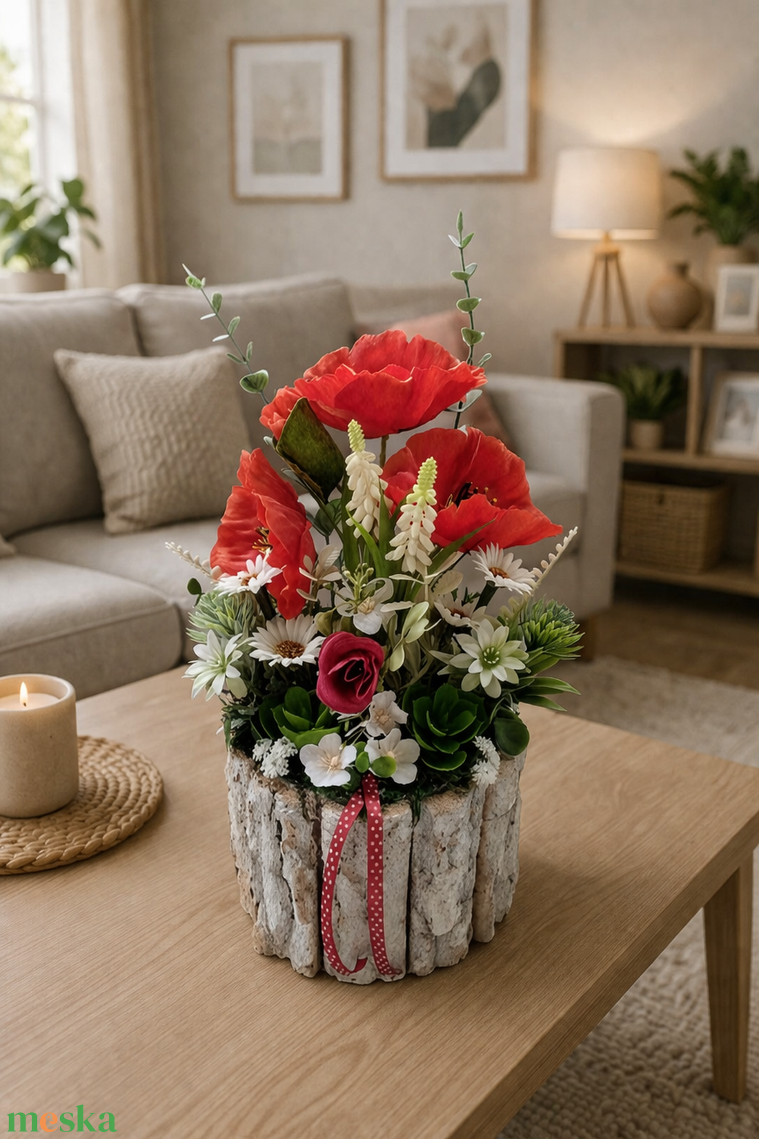 Pipacsos asztaldísz fakéreg kaspóban - otthon & életmód - dekoráció - asztal és polc dekoráció - asztaldísz - Meska.hu