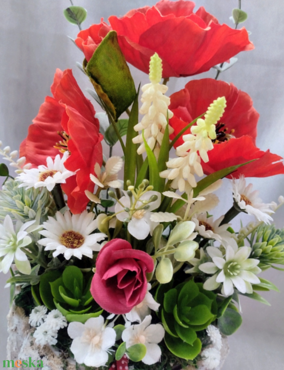 Pipacsos asztaldísz fakéreg kaspóban - otthon & életmód - dekoráció - asztal és polc dekoráció - asztaldísz - Meska.hu