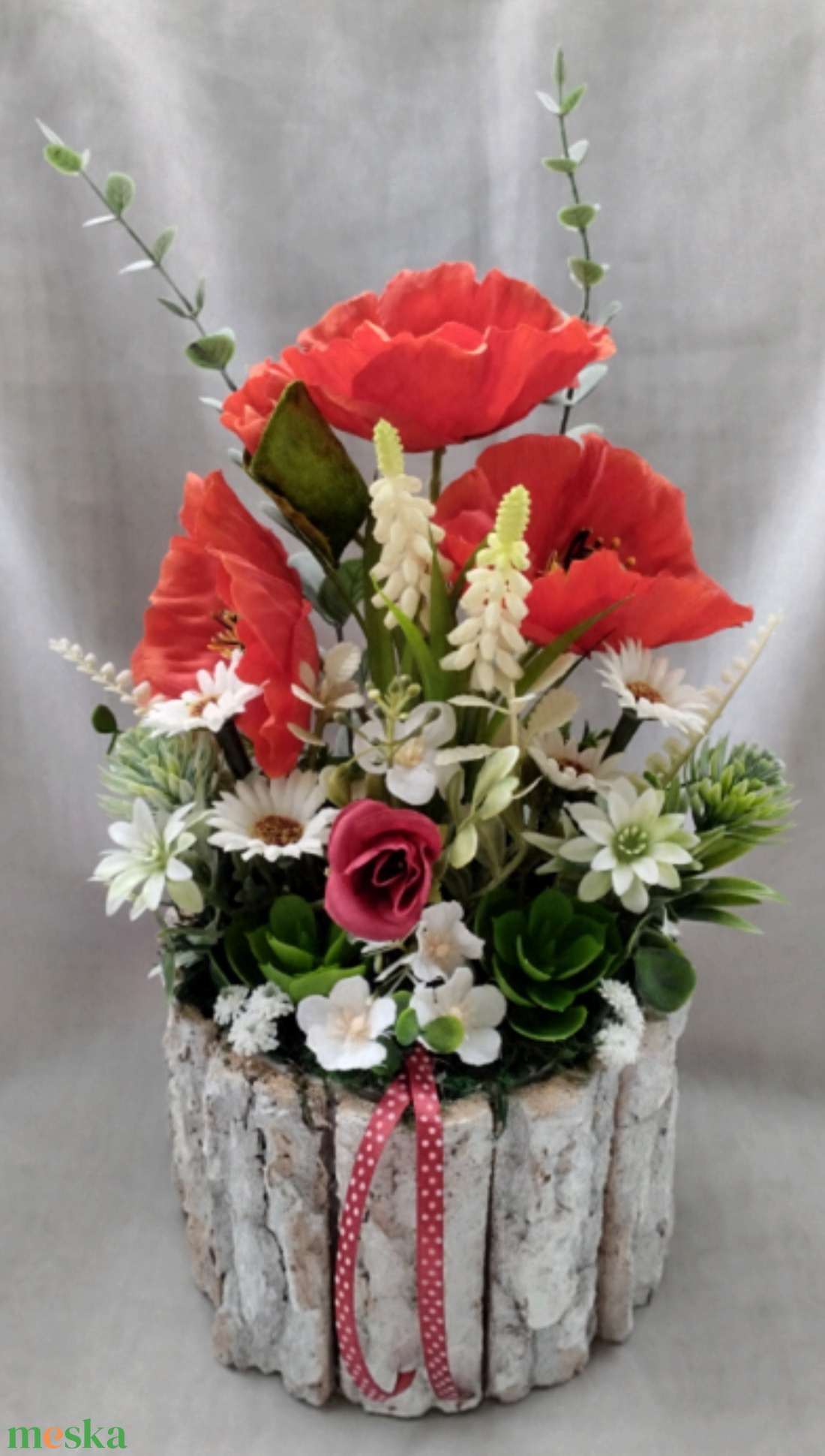 Pipacsos asztaldísz fakéreg kaspóban - otthon & életmód - dekoráció - asztal és polc dekoráció - asztaldísz - Meska.hu