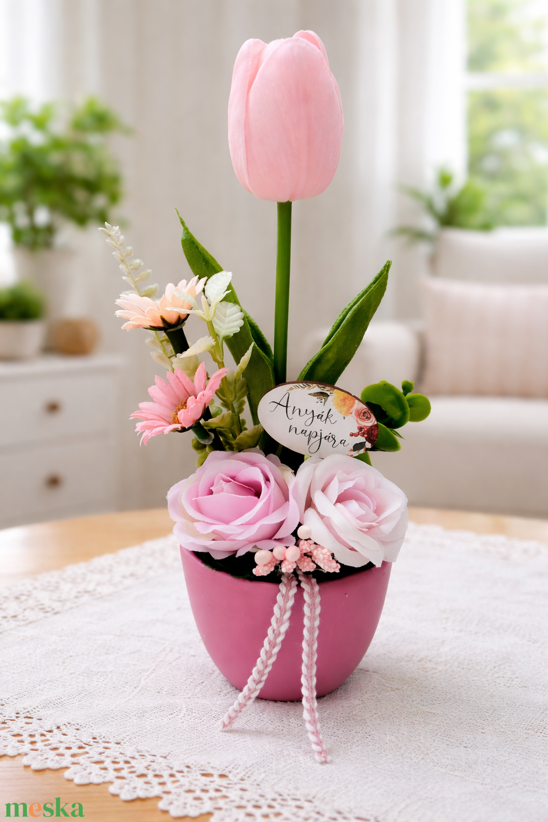 Rózsaszín virágos kis asztaldísz - otthon & életmód - virágdekoráció - virágdíszek - virágdísz kaspóban - Meska.hu