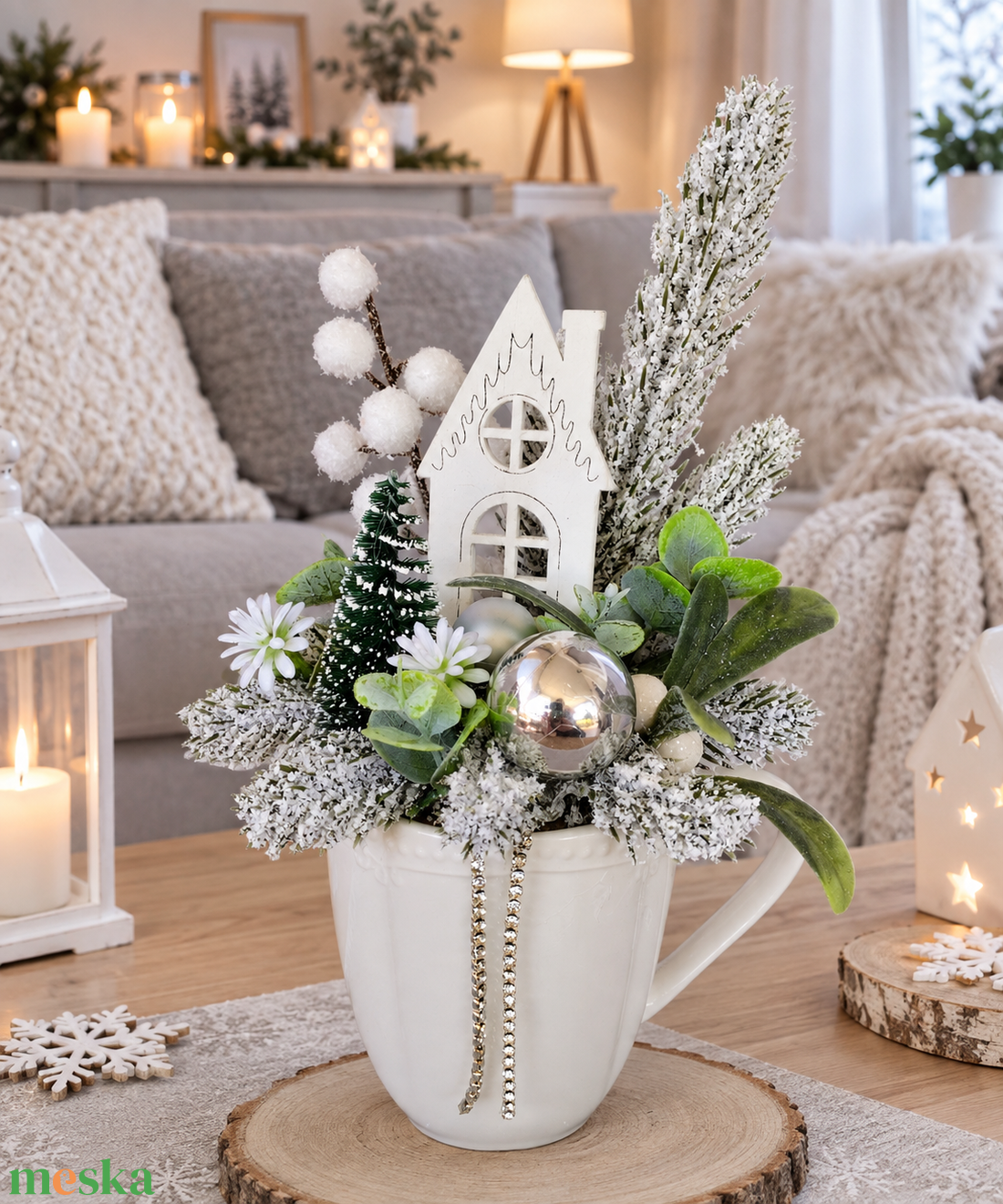 Ezüstös téli mese-bögrés dísz - karácsony - adventi díszek - adventi asztaldísz - Meska.hu