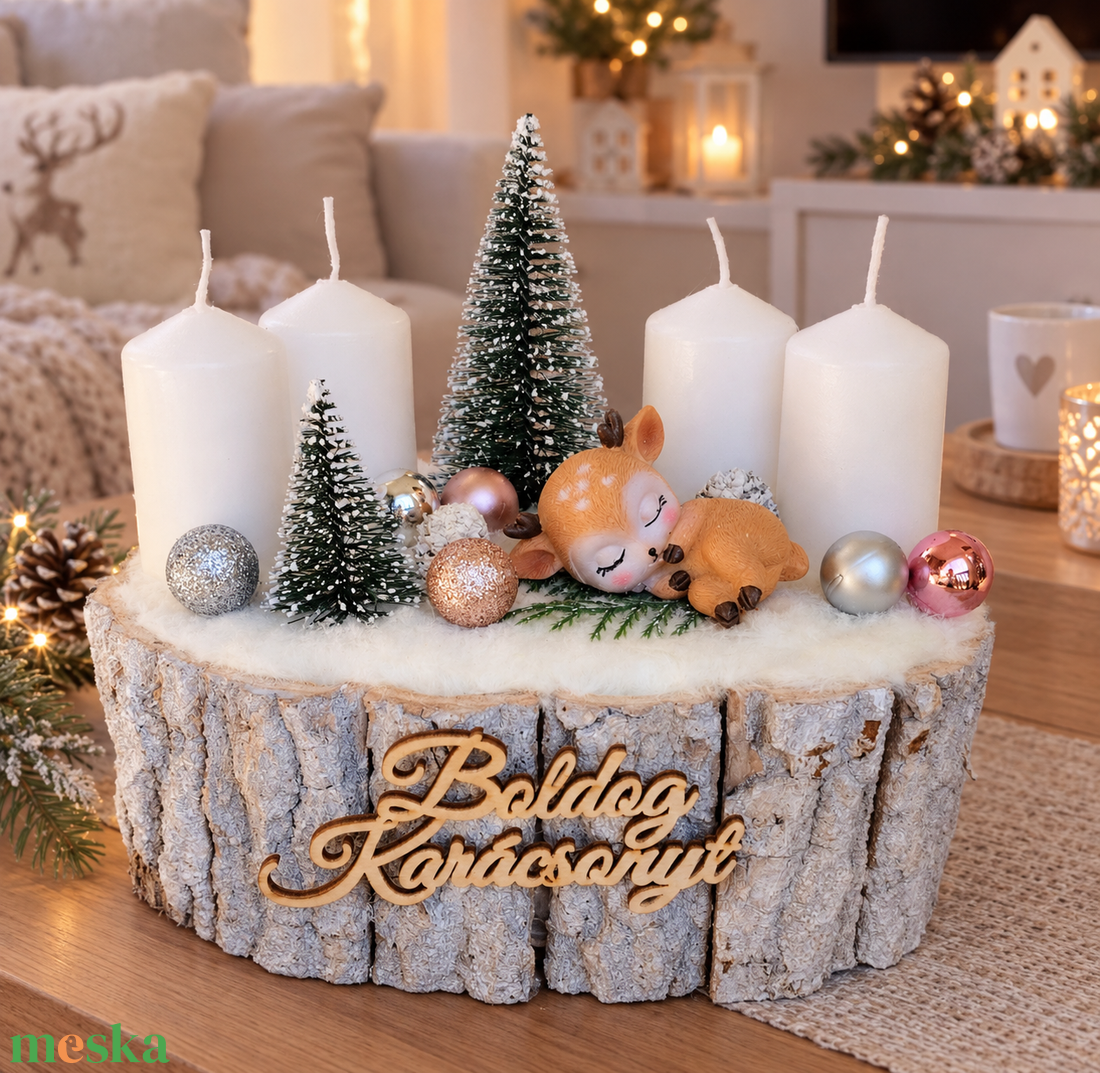 Alvó őzikés adventi asztaldísz fakéreg kaspóban - karácsony - adventi díszek - adventi asztaldísz - Meska.hu