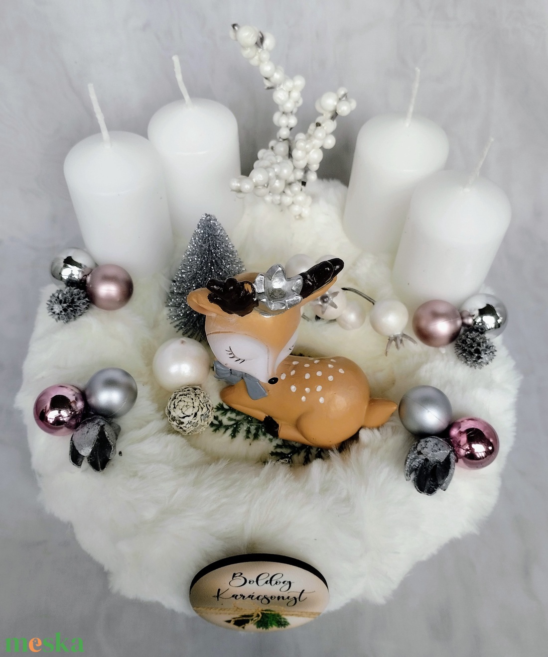 Fehér szőrmés őzikés adventi koszorú  - karácsony - adventi díszek - adventi koszorú - Meska.hu