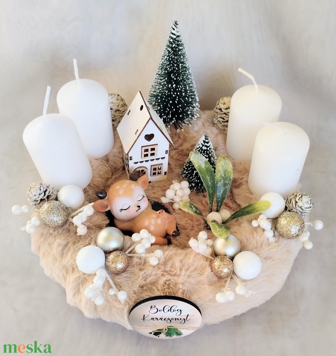 Bézs szőrmés őzikés adventi koszorú  - karácsony - adventi díszek - adventi koszorú - Meska.hu
